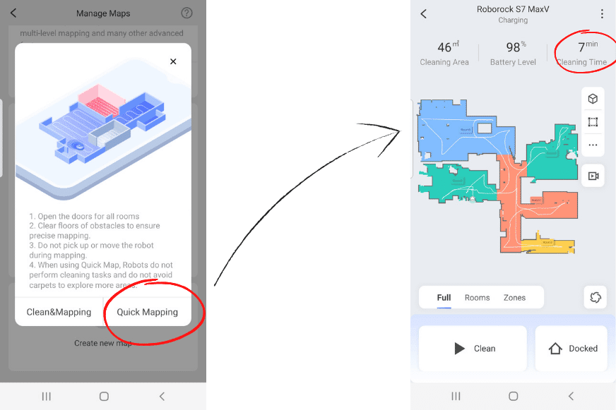 Процесс быстрого картирования в мобильном приложении Roborock S7 MaxV Ultra.